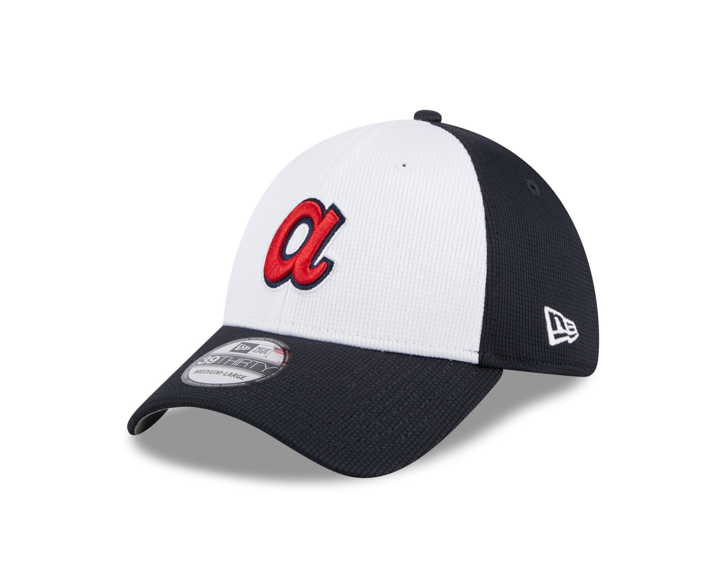 Mens New Era Atlanta Braves White/Navy 2024 Batting Practice 39Thirty Flex Fit Cap Official Team Hat Sports Fan Cap