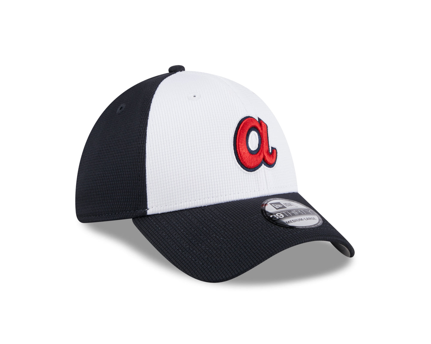 Mens New Era Atlanta Braves White/Navy 2024 Batting Practice 39Thirty Flex Fit Cap Official Team Hat Sports Fan Cap