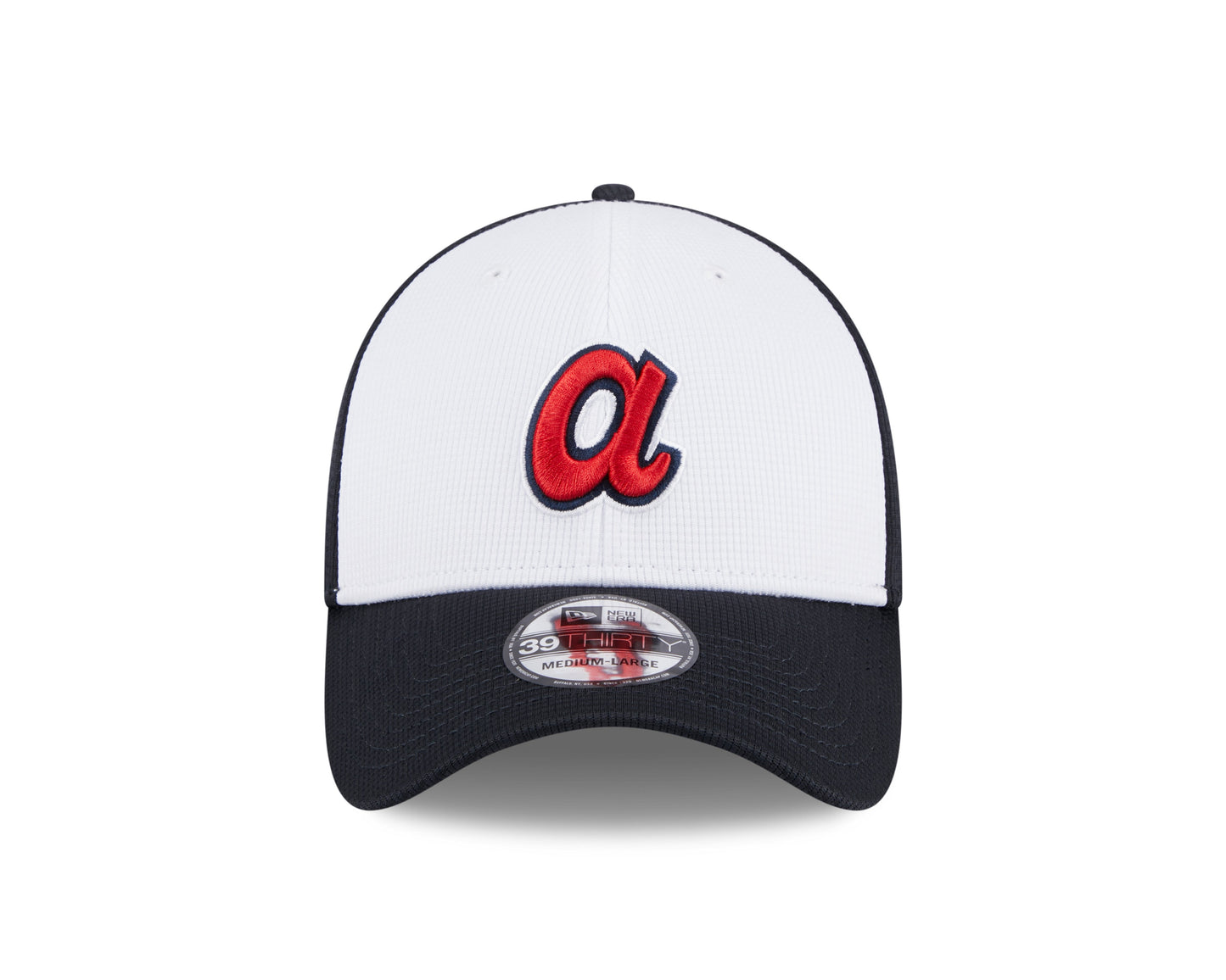 Mens New Era Atlanta Braves White/Navy 2024 Batting Practice 39Thirty Flex Fit Cap Official Team Hat Sports Fan Cap
