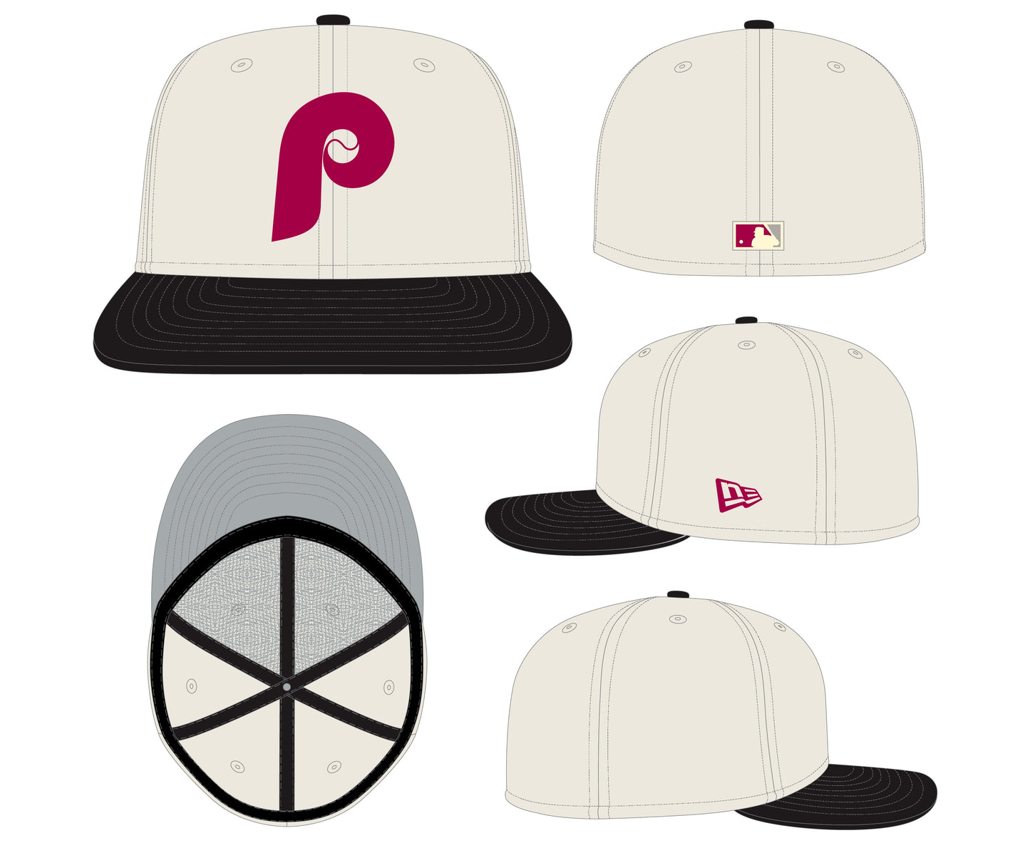 Philadelphia Phillies Cooperstown Collection Cream/Black Leather Visor New Era 59FIFTY Fitted Hat Official Team Hat Sports Fan Cap