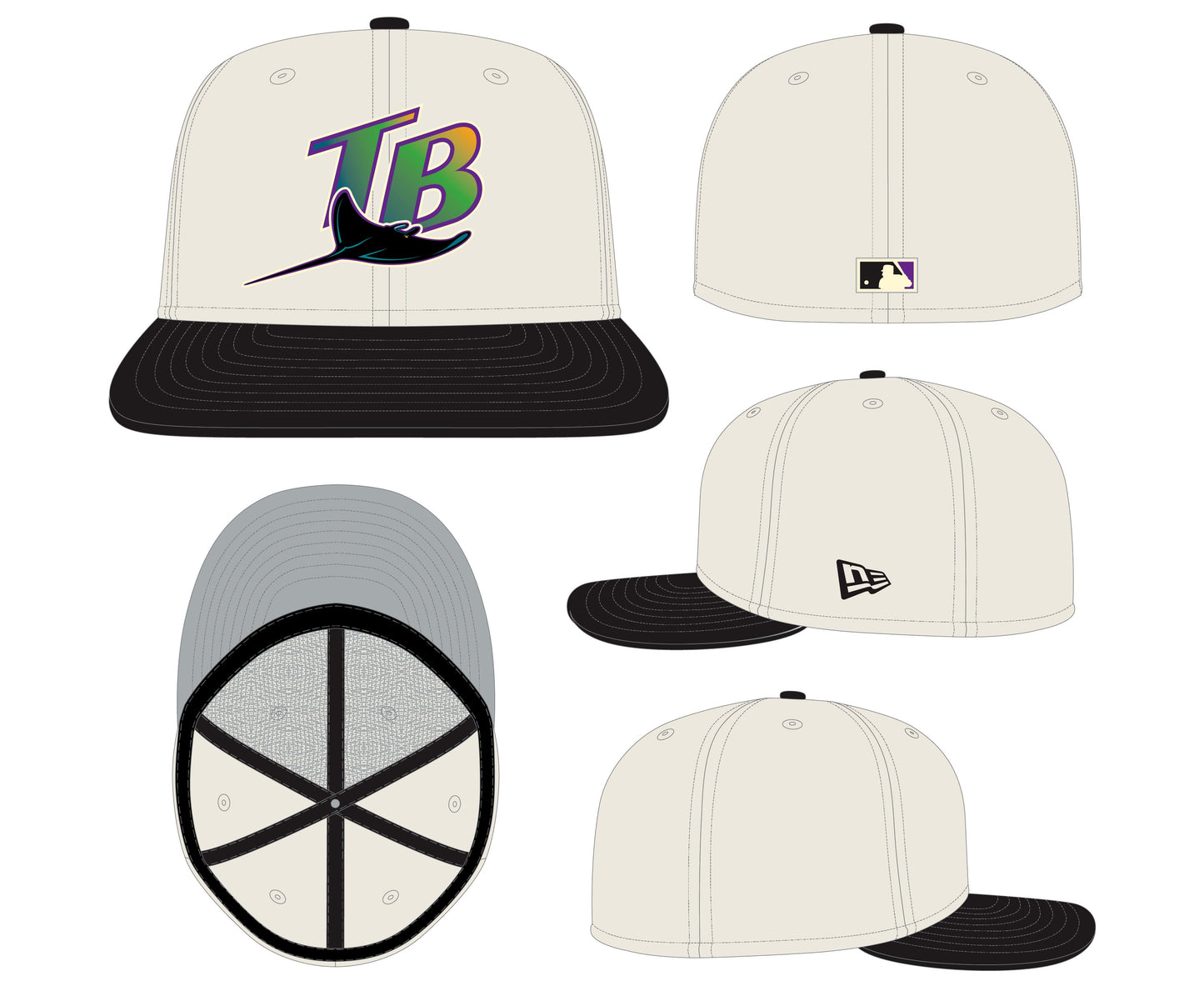 Tampa Bay Devil Rays Cooperstown Collection Cream/Black Leather Visor New Era 59FIFTY Fitted Hat Official Team Hat Sports Fan Cap