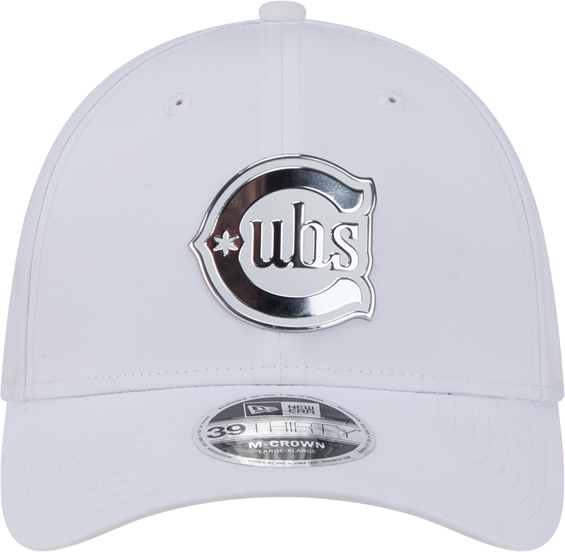 Chicago Cubs New Era M-Crown 39Thirty Alternate 2 Metallic White Performance Flex Fit Hat Official Team Hat Sports Fan Cap