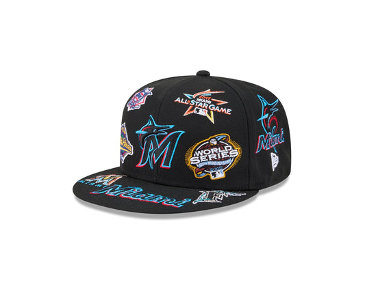 Miami Marlins MLB All Over Patch 59FIFTY New Era Official Team Hat Sports Fan Cap