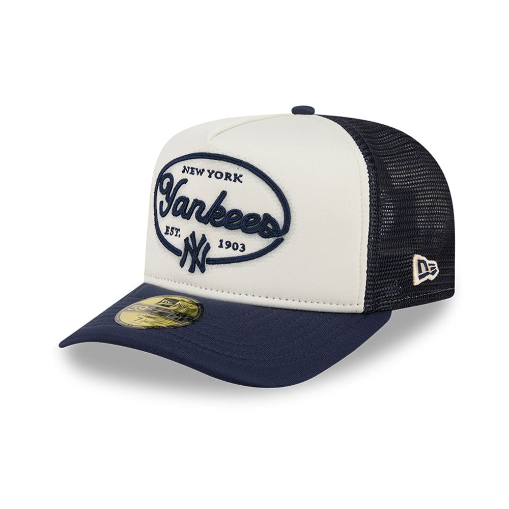 New York Yankees MLB 5950 Day Fitted Trucker A-Frame New Era White/Navy Official Team Hat Sports Fan Cap