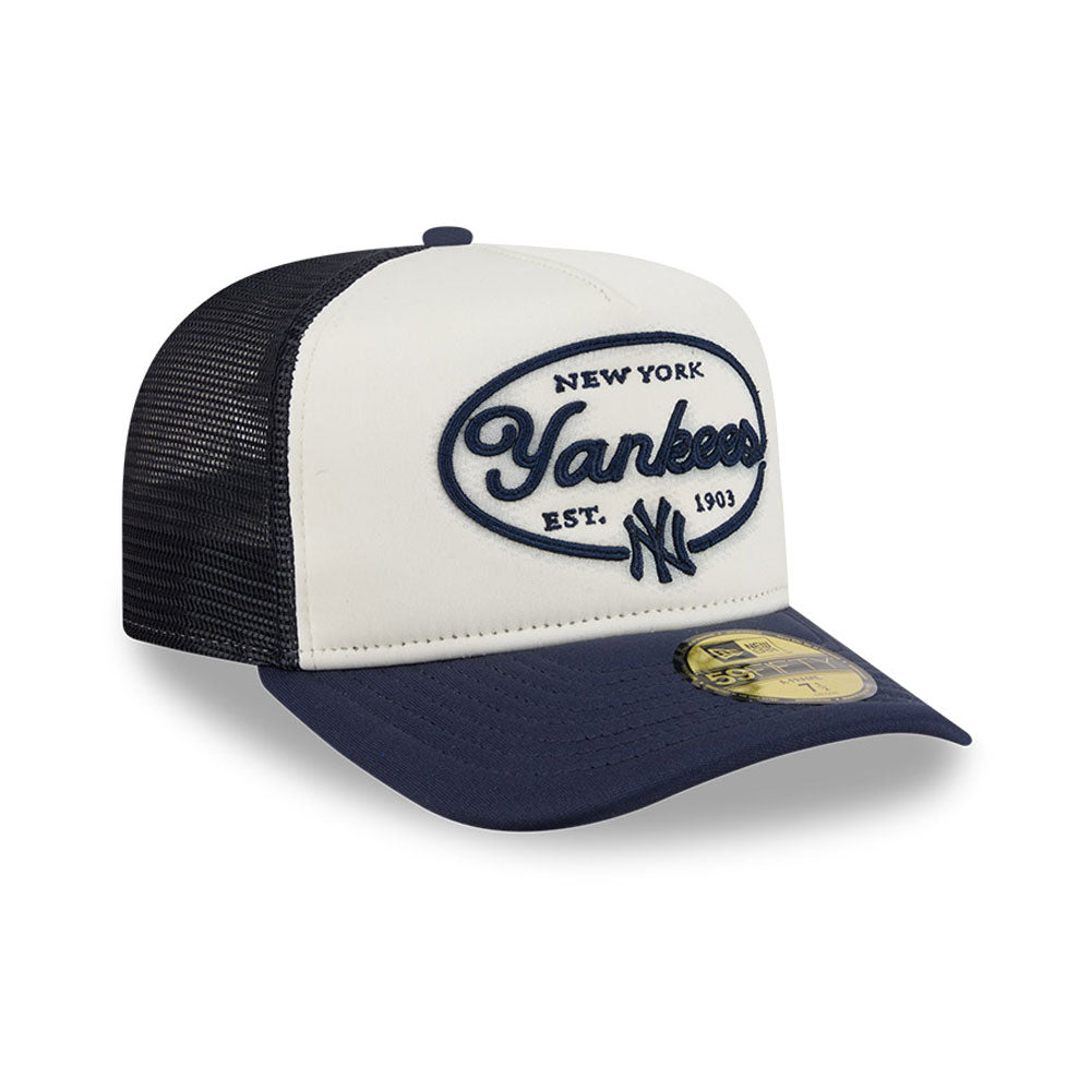 New York Yankees MLB 5950 Day Fitted Trucker A-Frame New Era White/Navy Official Team Hat Sports Fan Cap