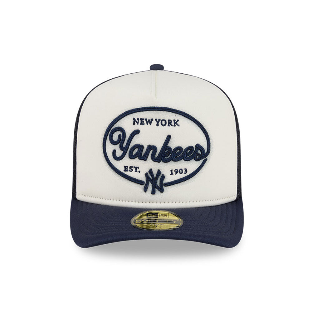 New York Yankees MLB 5950 Day Fitted Trucker A-Frame New Era White/Navy Official Team Hat Sports Fan Cap
