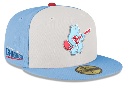 Men's Chicago Cubs New Era Chrome/ Sky Blue Guitar Bear Alternate 59FIFTY Fitted Hat Official Team Hat Sports Fan Cap