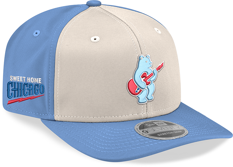 Chicago Cubs New Era Guitar Bear Sweet Home Chicago Alternate 2 Sky Blue 9SEVENTY Trucker Hat Official Team Hat Sports Fan Cap