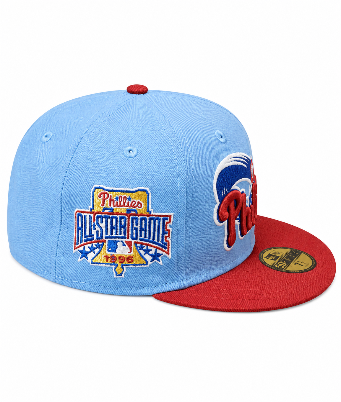 Philadelphia Phillies MLB 1996 ASG 2 Tone Sky Blue/Cardinal New Era 59FIFTY Fitted Hat Official Team Hat Sports Fan Cap