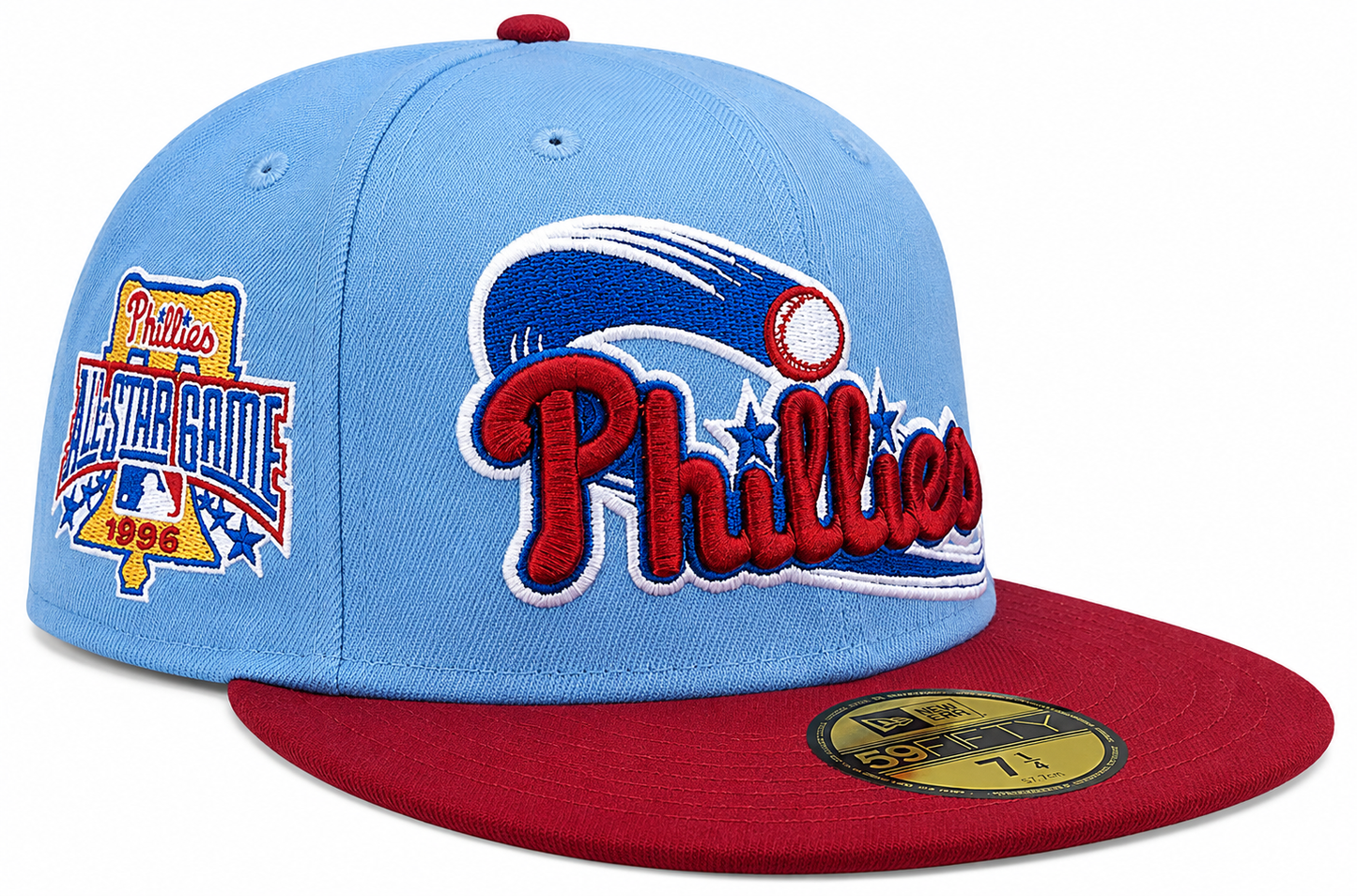 Philadelphia Phillies MLB 1996 ASG 2 Tone Sky Blue/Cardinal New Era 59FIFTY Fitted Hat Official Team Hat Sports Fan Cap