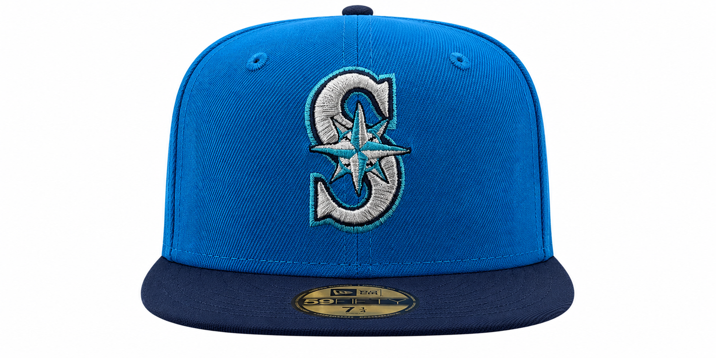 Seattle Mariners New Era 2 Tone Sunwash Ocean Blue Nirvana Nevermind Inspired 59FIFTY Fitted Hat Official Team Hat Sports Fan Cap