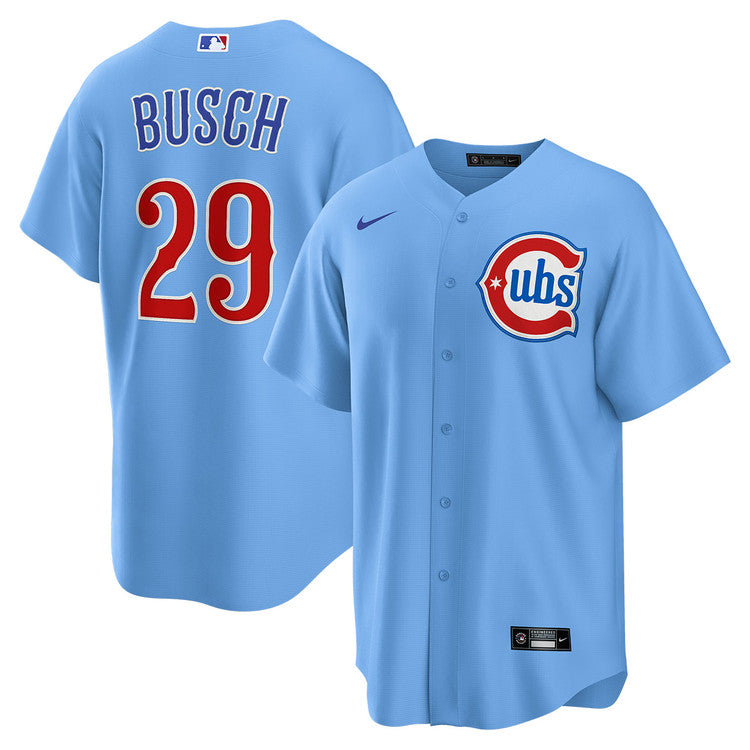 NIKE Men's Chicago Cubs Michael Busch #29 Light Blue 2nd Alternate Replica Jersey Official Team Jersey Sports Fan Apparel