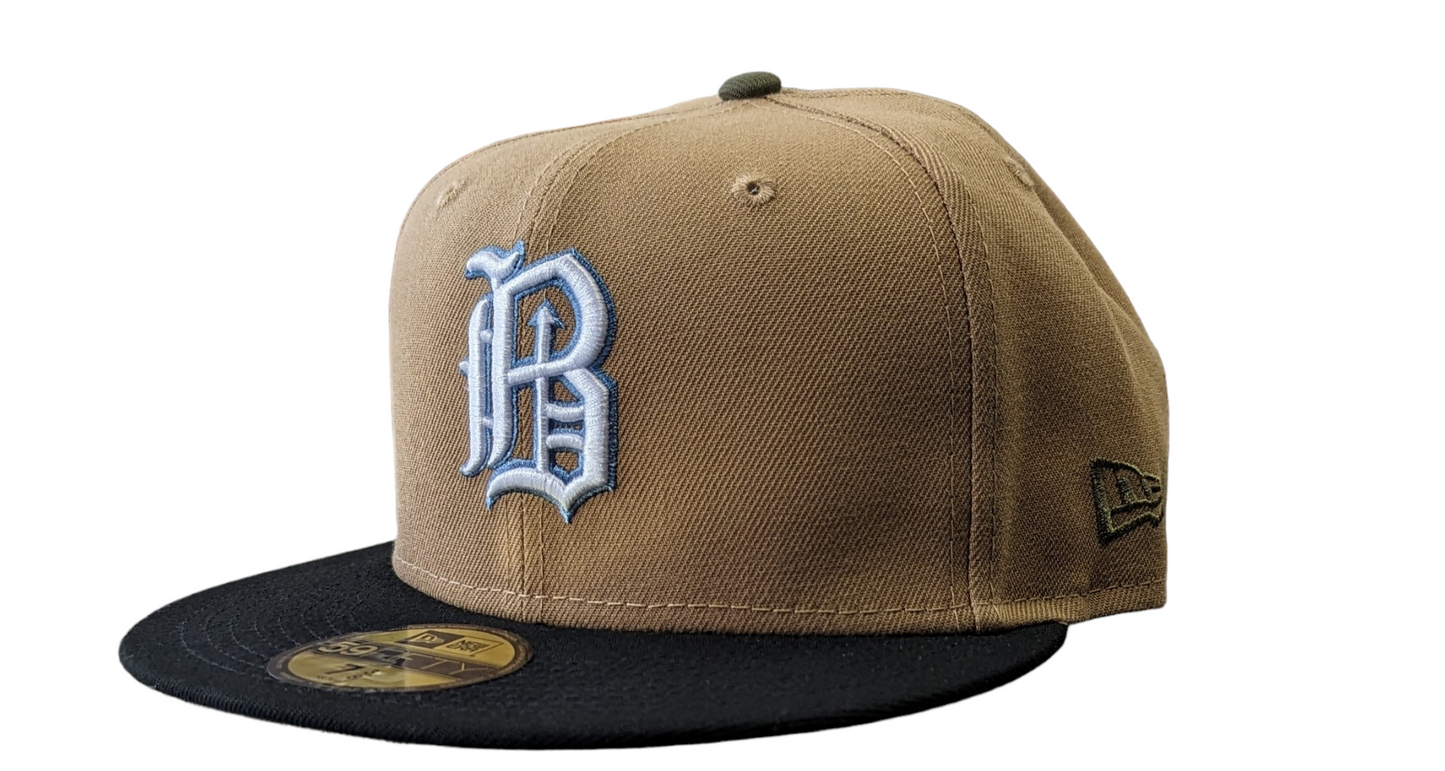 Birmingham Barons "Biff" New Era Southern League Khaki/Black/Olive 59FIFTY Fitted Hat Official Team Hat Sports Fan Cap