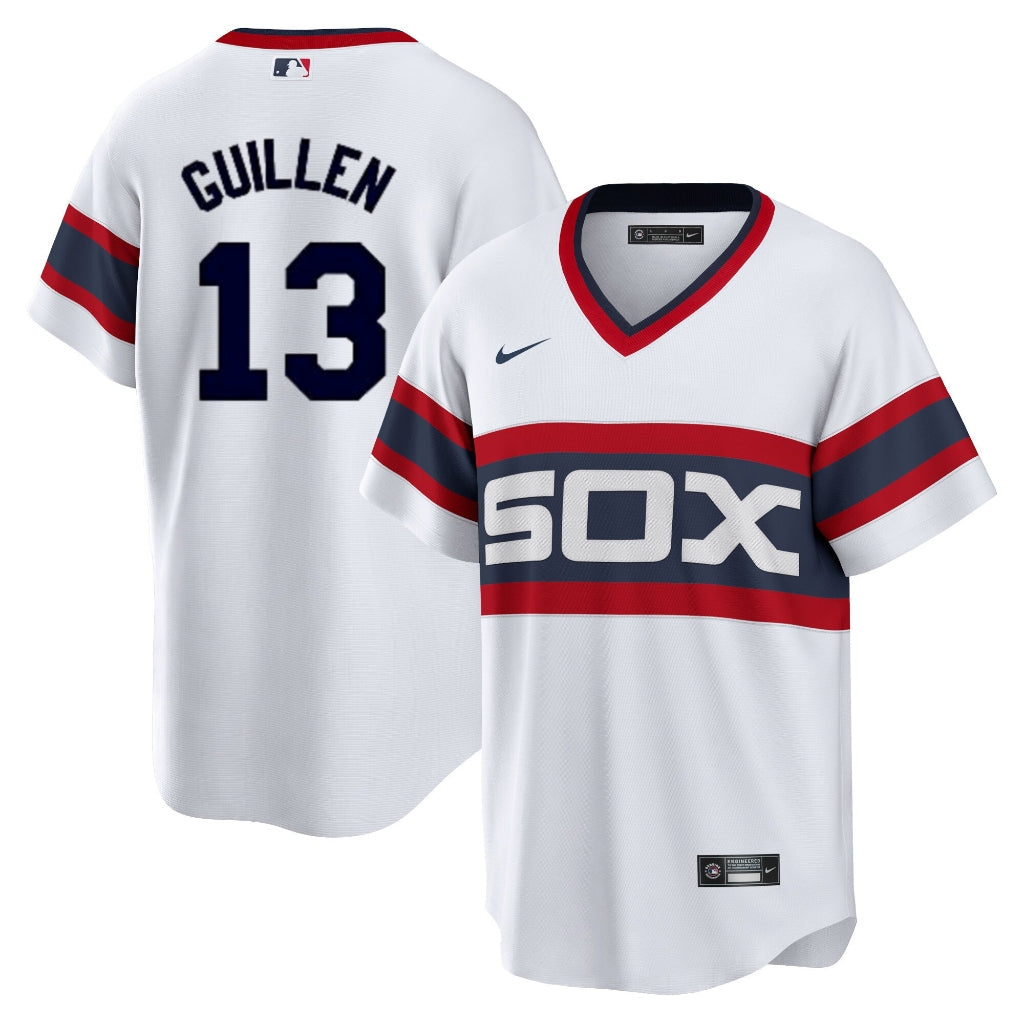 NIKE Men's Ozzie Guillen Chicago White Sox 1983 Home White Premium Lettering Replica Jersey Official Team Jersey Sports Fan Apparel