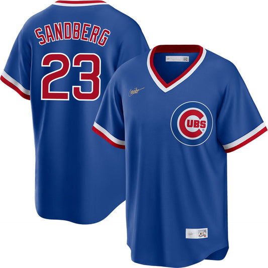 NIKE Men's Chicago Cubs Ryne Sandberg 1984 Cooperstown Collection Blue Alternate Replica Premium Twill Jersey Official Team Jersey Sports Fan Apparel