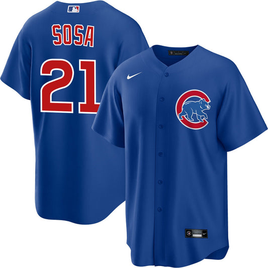 NIKE Men's Sammy Sosa Chicago Cubs Alternate Blue Premium Twill Replica Jersey Official Team Jersey Sports Fan Apparel