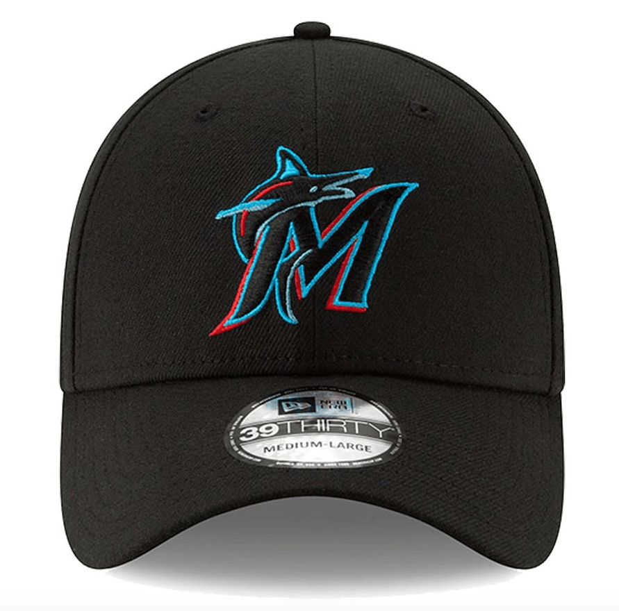 Men's Miami Marlins New Era Black Team Classic 39THIRTY Flex Hat Official Team Hat Sports Fan Cap