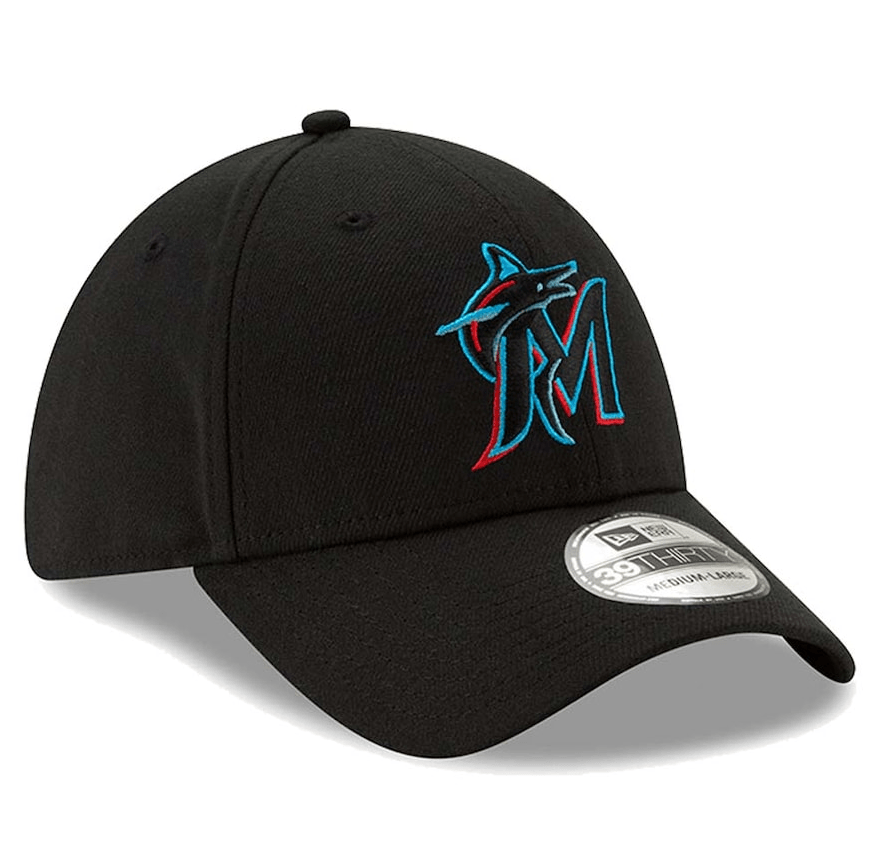 Men's Miami Marlins New Era Black Team Classic 39THIRTY Flex Hat Official Team Hat Sports Fan Cap