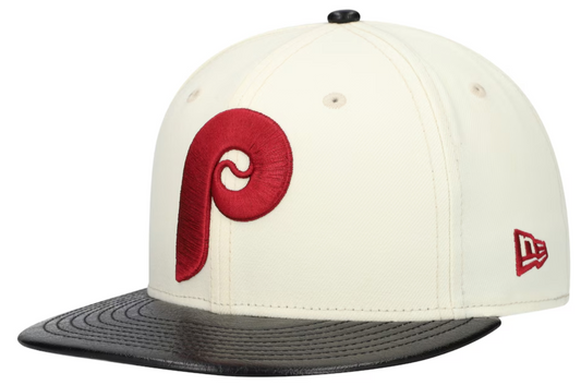 Philadelphia Phillies Cooperstown Collection Cream/Black Leather Visor New Era 59FIFTY Fitted Hat Official Team Hat Sports Fan Cap