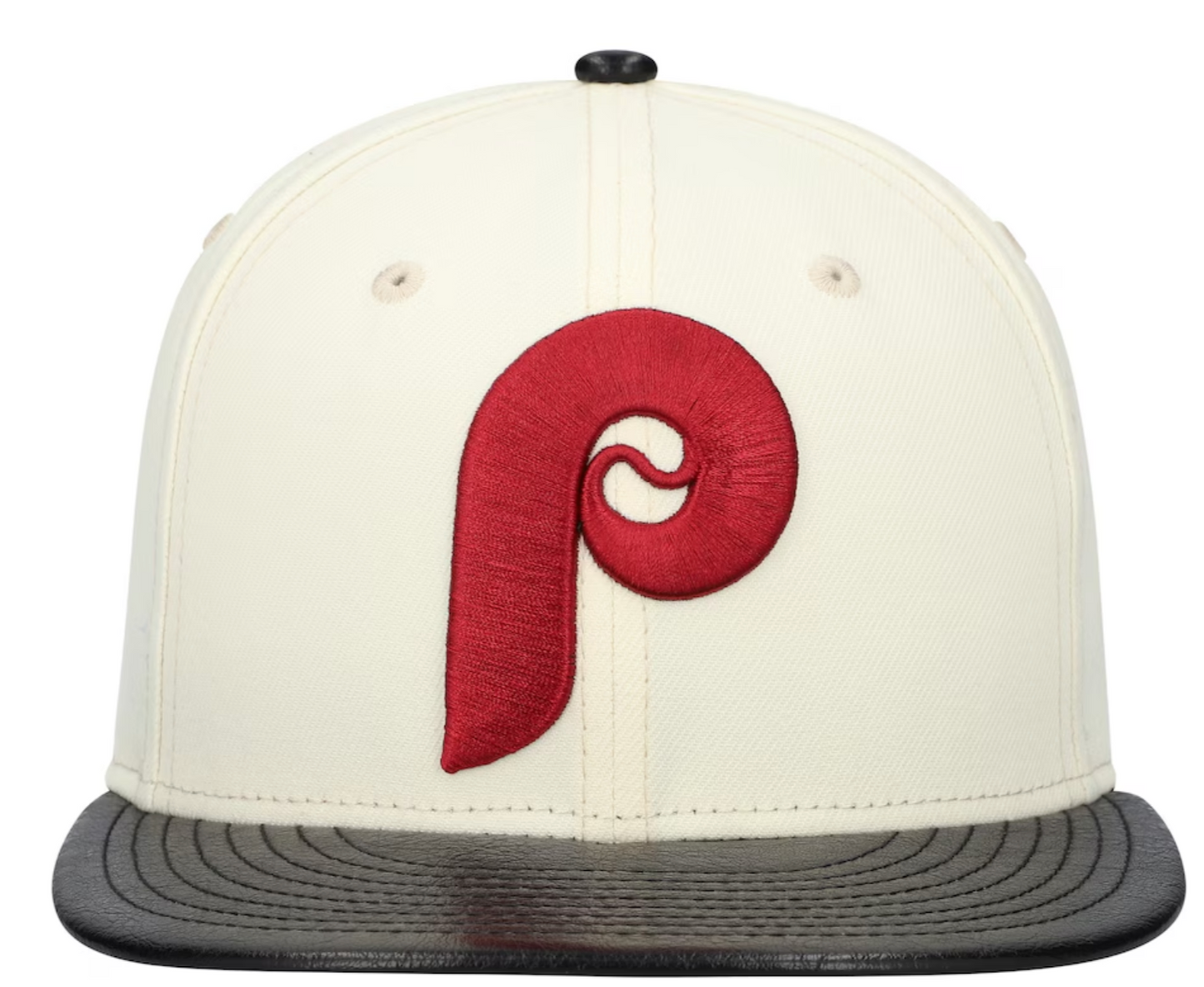 Philadelphia Phillies Cooperstown Collection Cream/Black Leather Visor New Era 59FIFTY Fitted Hat Official Team Hat Sports Fan Cap