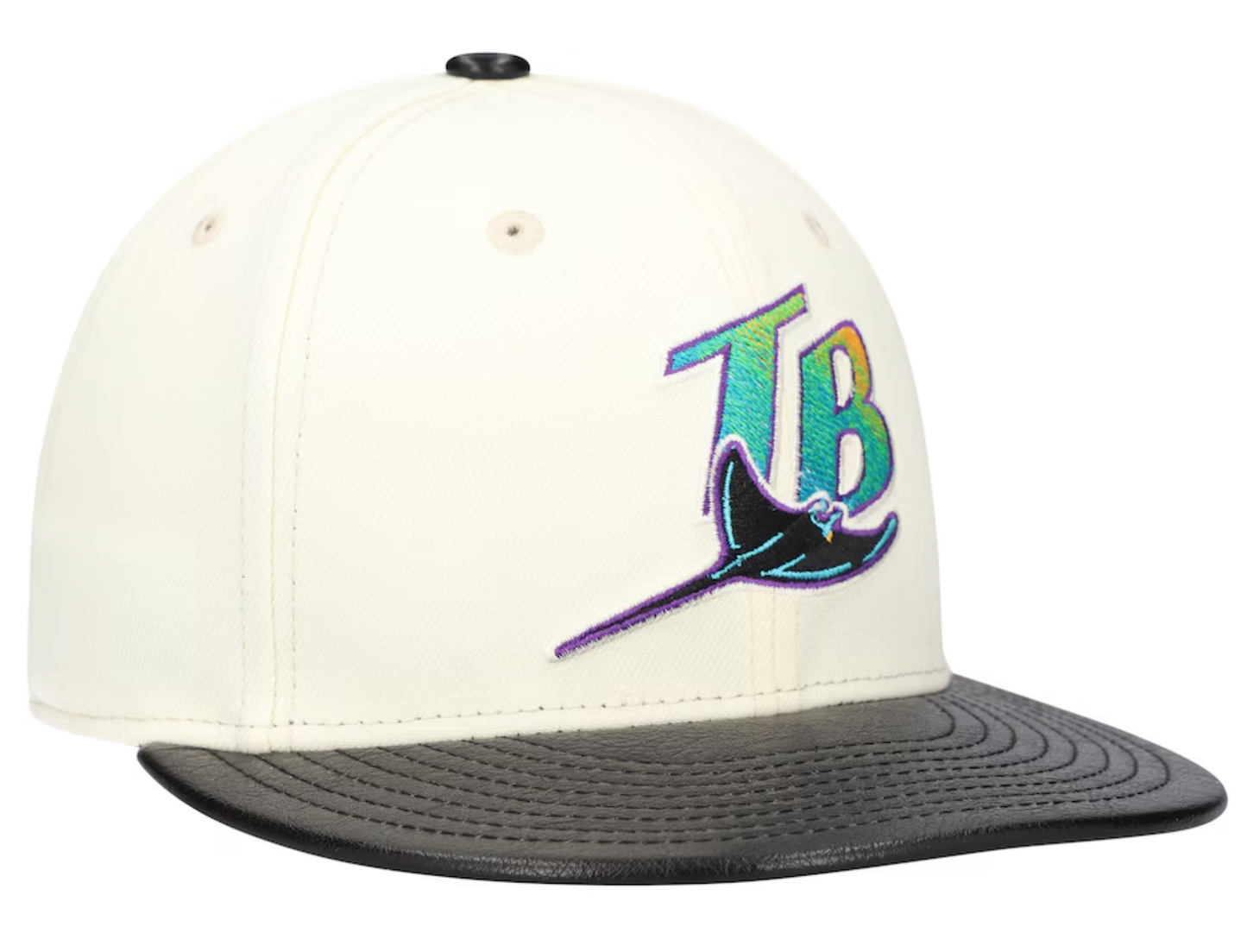 Tampa Bay Devil Rays Cooperstown Collection Cream/Black Leather Visor New Era 59FIFTY Fitted Hat Official Team Hat Sports Fan Cap