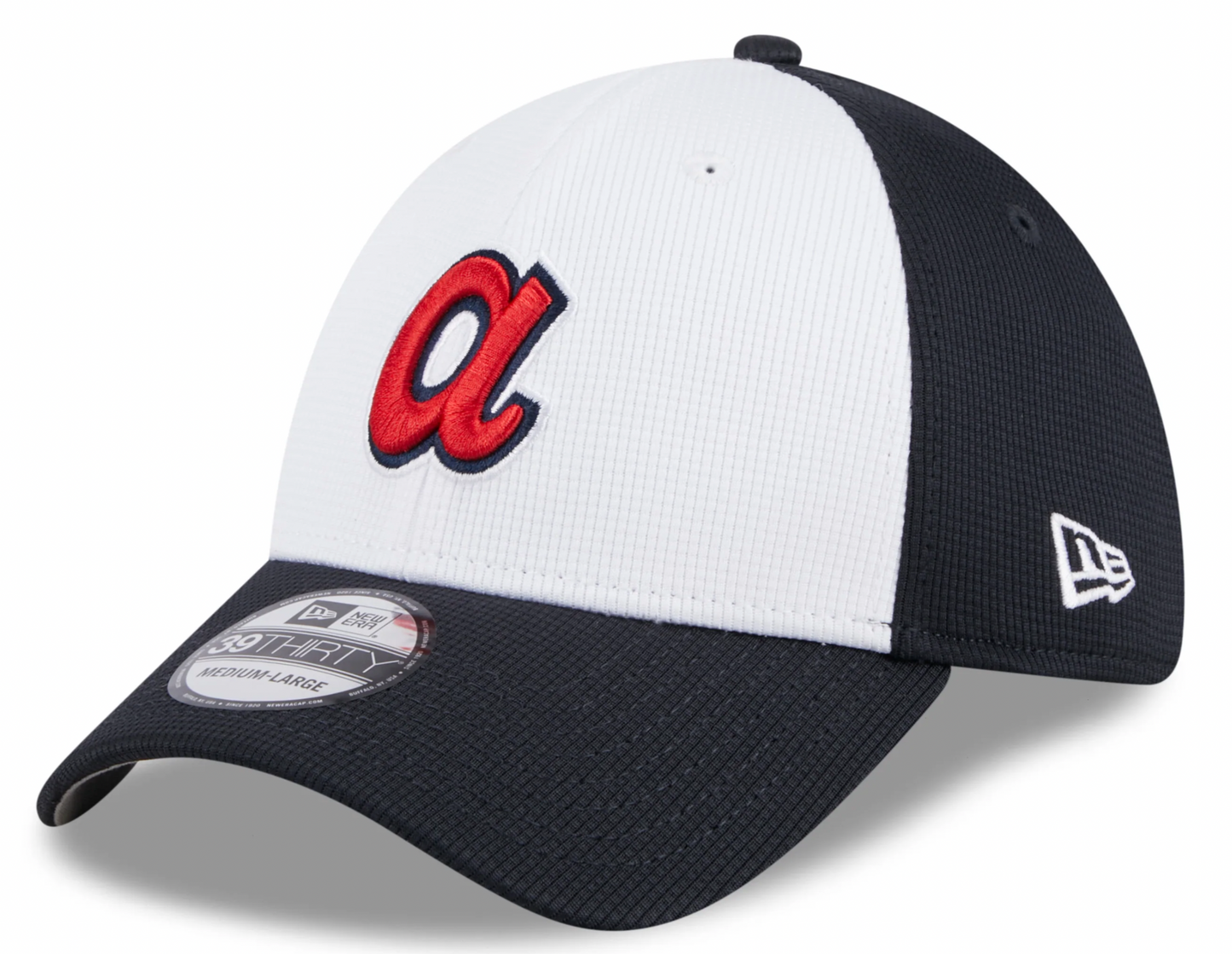 Mens New Era Atlanta Braves White/Navy 2024 Batting Practice 39Thirty Flex Fit Cap Official Team Hat Sports Fan Cap