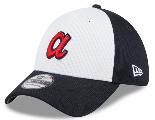 Mens New Era Atlanta Braves White/Navy 2024 Batting Practice 39Thirty Flex Fit Cap Official Team Hat Sports Fan Cap