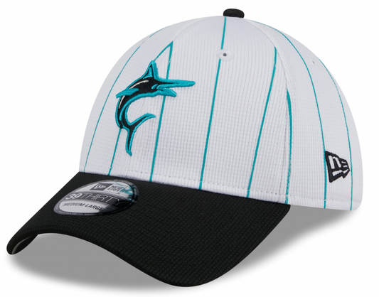 Men's Miami Marlins New Era 2024 Batting Practice White/Black 39THIRTY Flex-Fit Hat Official Team Hat Sports Fan Cap