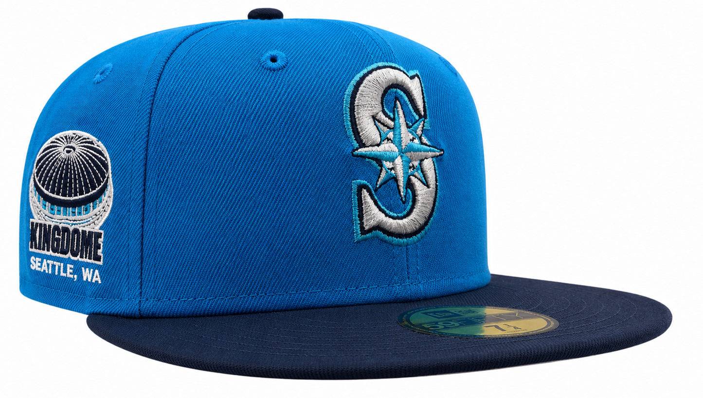 Seattle Mariners New Era 2 Tone Sunwash Ocean Blue Nirvana Nevermind Inspired 59FIFTY Fitted Hat Official Team Hat Sports Fan Cap