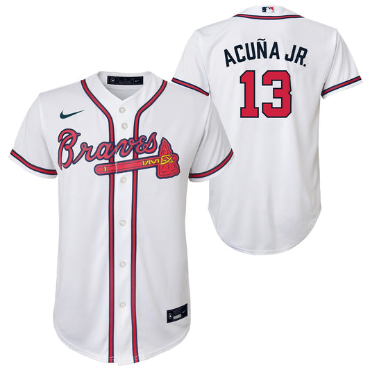 Youth Ronald Acuna Jr. Atlanta Braves White Home Replica NIKE Screen Print Jersey Official Team Jersey Sports Fan Apparel