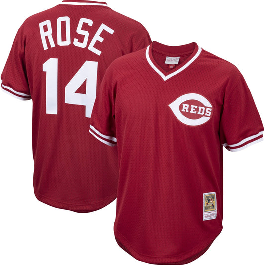 Men's Pete Rose Cincinnati Reds Mitchell & Ness Cooperstown Collection Authentic Mesh Batting Practice Jersey - Red Official Team Jersey Sports Fan Apparel