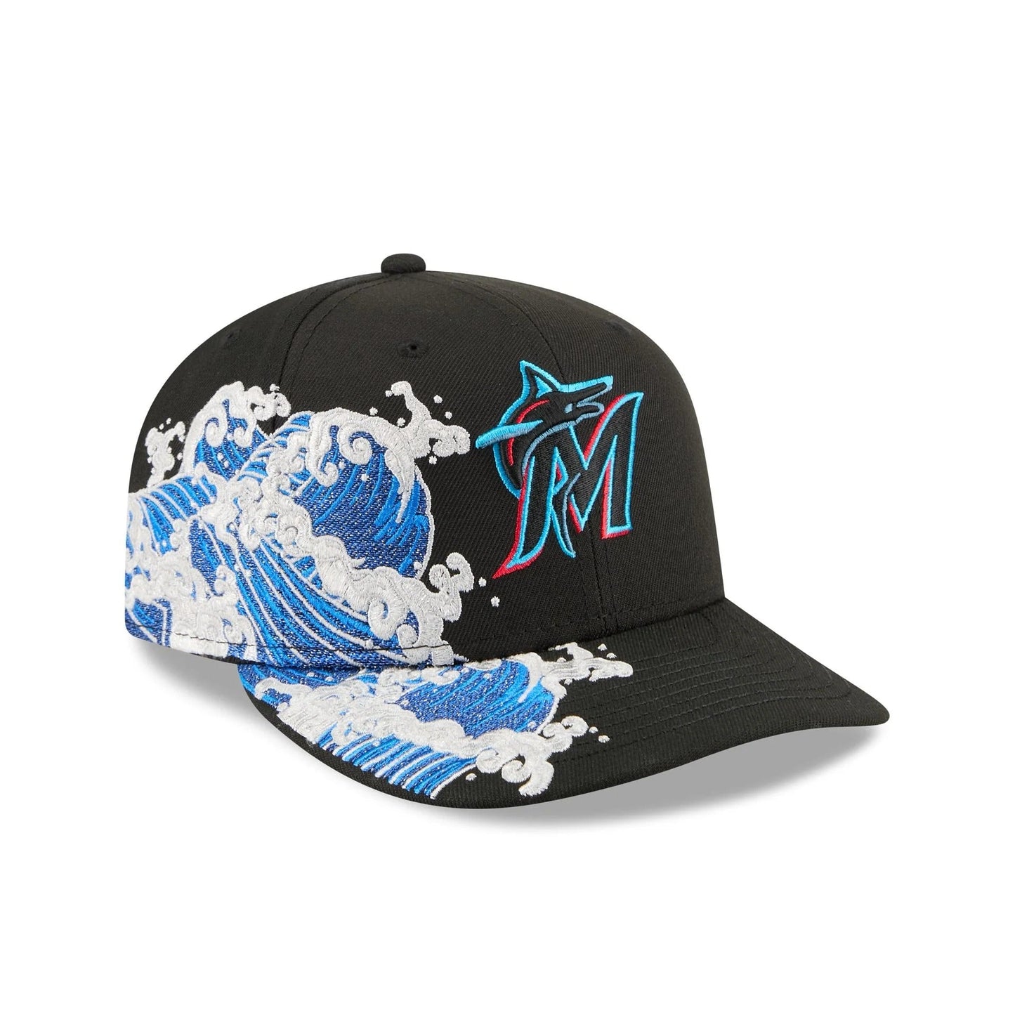 Miami Marlins MLB Waves 59FIFTY Fitted New Era Black/White Official Team Hat Sports Fan Cap