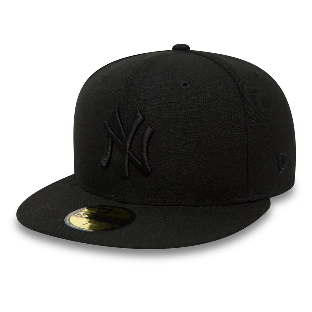 New York Yankees MLB League Essential 59FIFTY Fitted New Era Black/Black Official Team Hat Sports Fan Cap